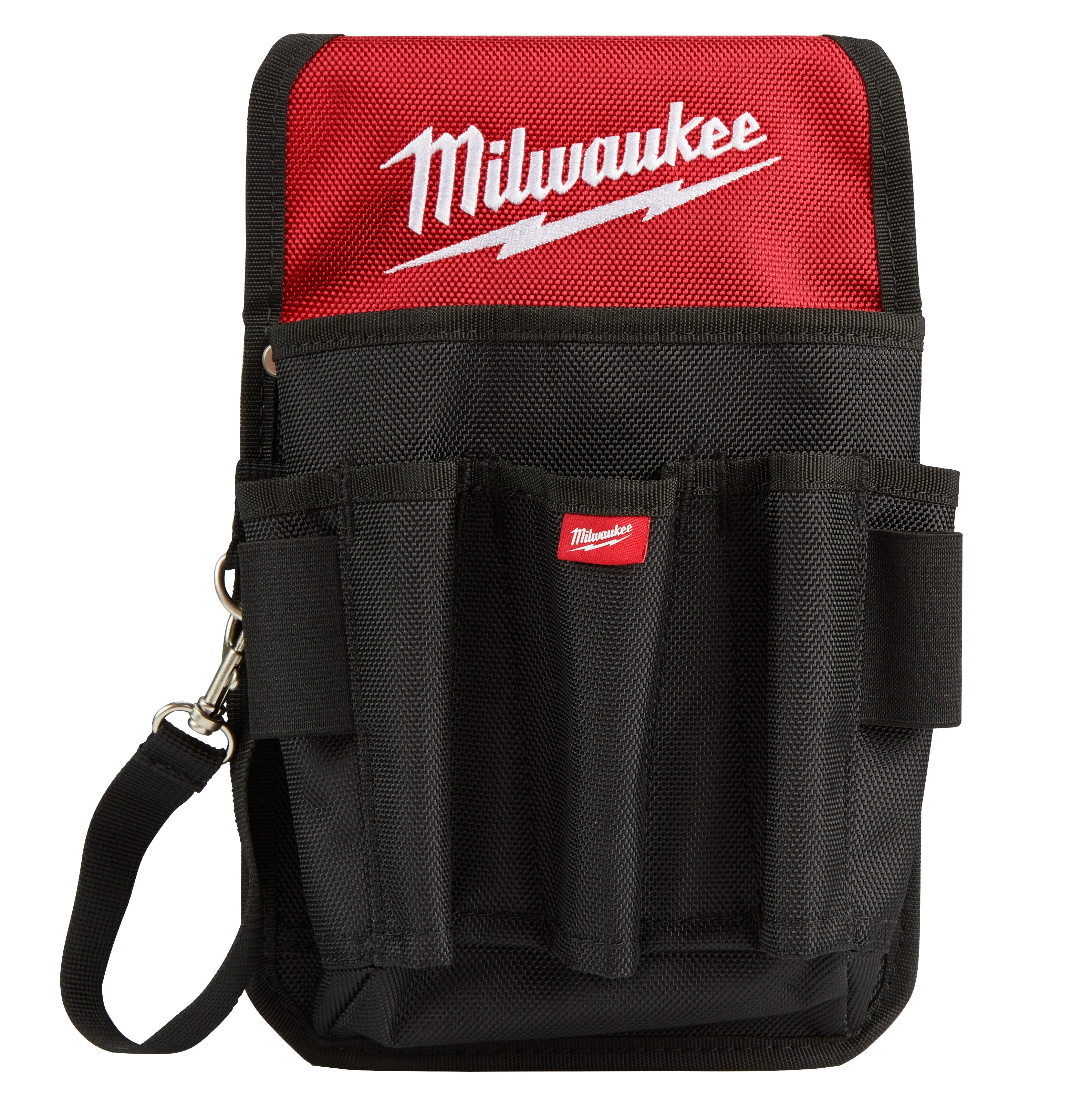 Red and black Milwaukee utility pouch with multiple tool pockets and shoulder strap.