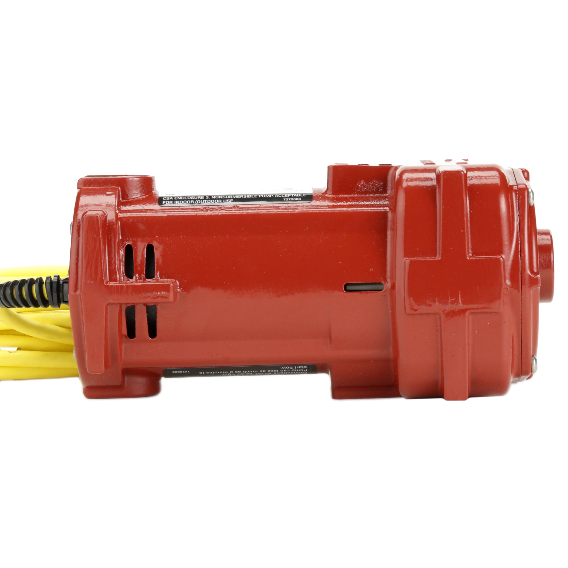 Red portable transfer pump with yellow power cord attached to the left side.