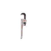 Milwaukee 10-inch aluminum pipe wrench with black hook jaw and adjustable handle grip.