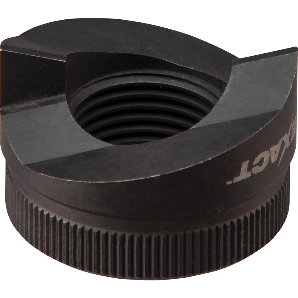 Black metal punch tool with 1-inch circular opening, threaded center, and knurled base for gripping.