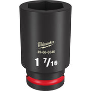 Black Milwaukee deep socket with 1 7/16" size marking, hexagonal opening, and red grip band on base.