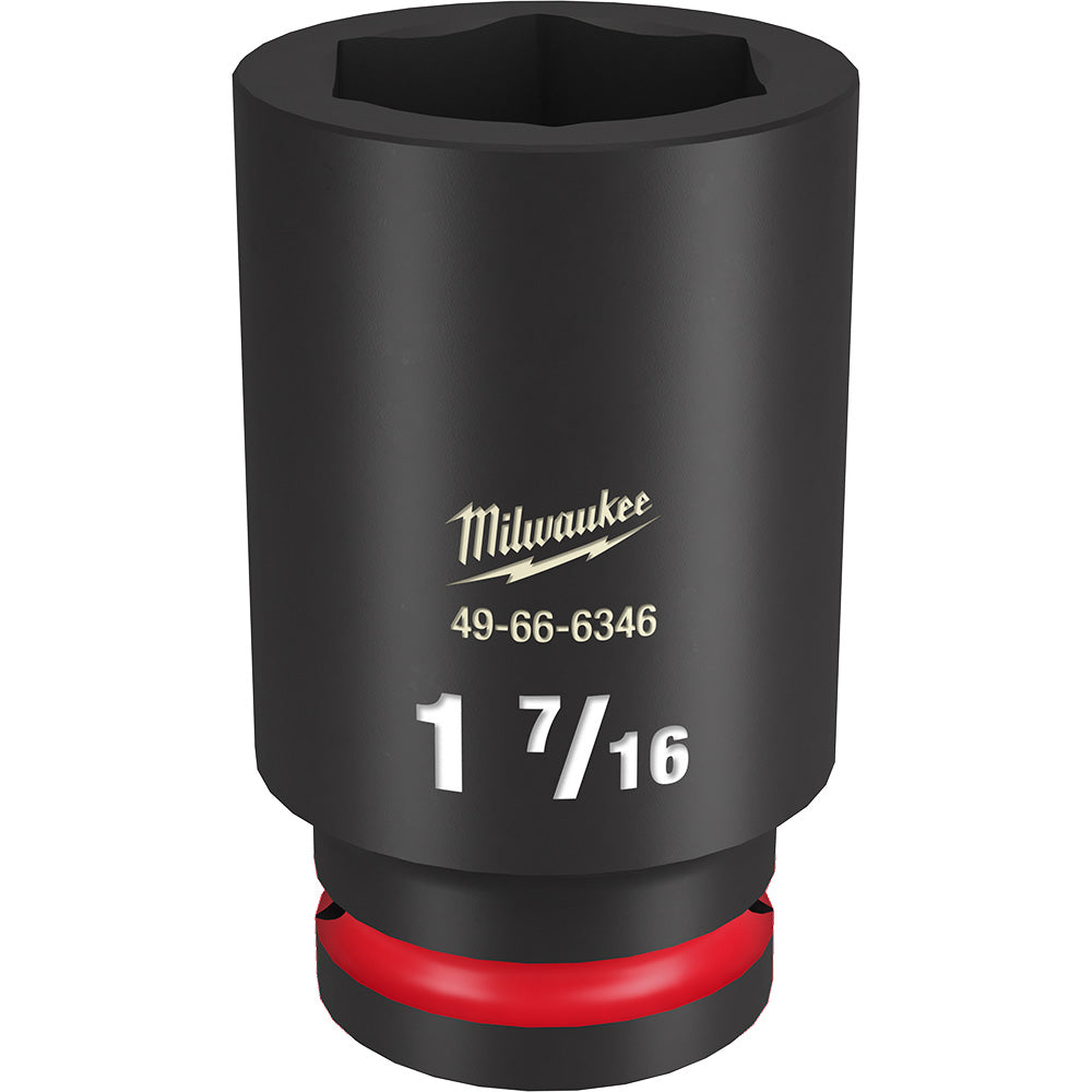 Black Milwaukee deep socket with 1 7/16" size marking, hexagonal opening, and red grip band on base.