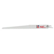 Milwaukee 9-inch SAWZALL blade with 6 teeth per inch and fleam ground teeth, featuring mounting tab at end.