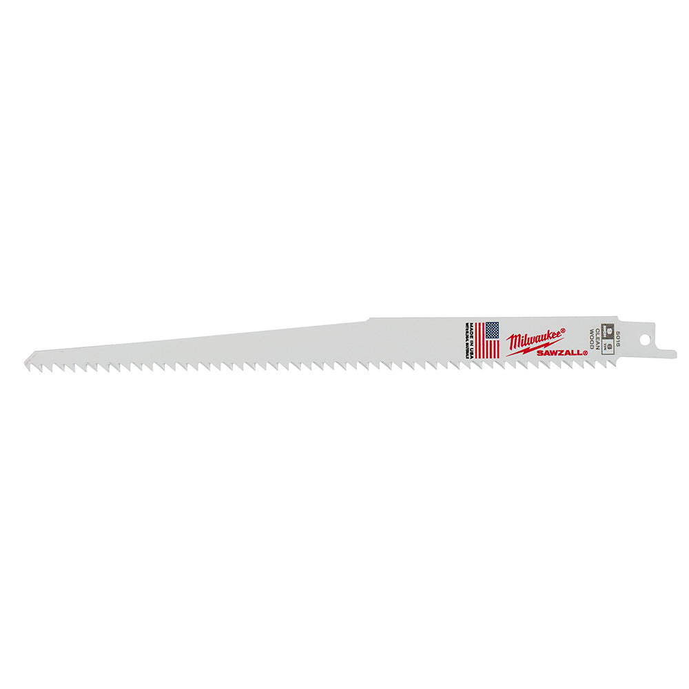 Milwaukee 9-inch SAWZALL blade with 6 teeth per inch and fleam ground teeth, featuring mounting tab at end.