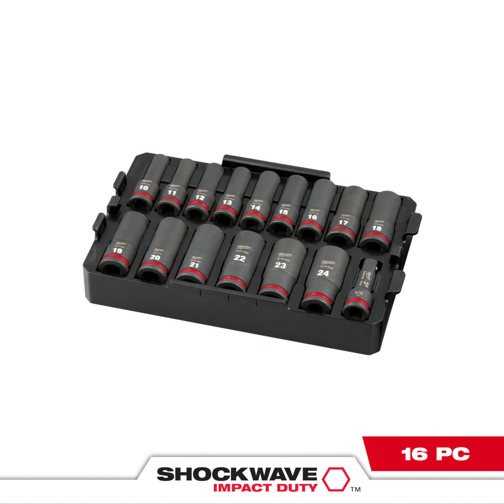 Black socket set with 16 metric sockets ranging from 10mm to 24mm in organized tray with red accents.