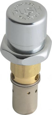 Chrome and brass metering cartridge with push button cap and metal housing for faucet valve control.