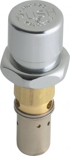 Chrome and brass metering cartridge with push button cap and metal housing for faucet valve control.