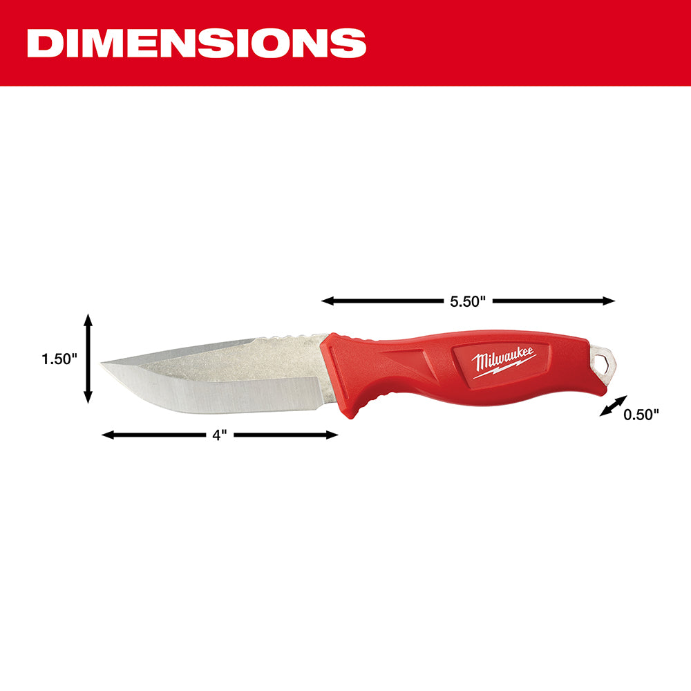 Milwaukee fixed blade knife with red handle, 4-inch silver blade, 5.5 inches overall length.