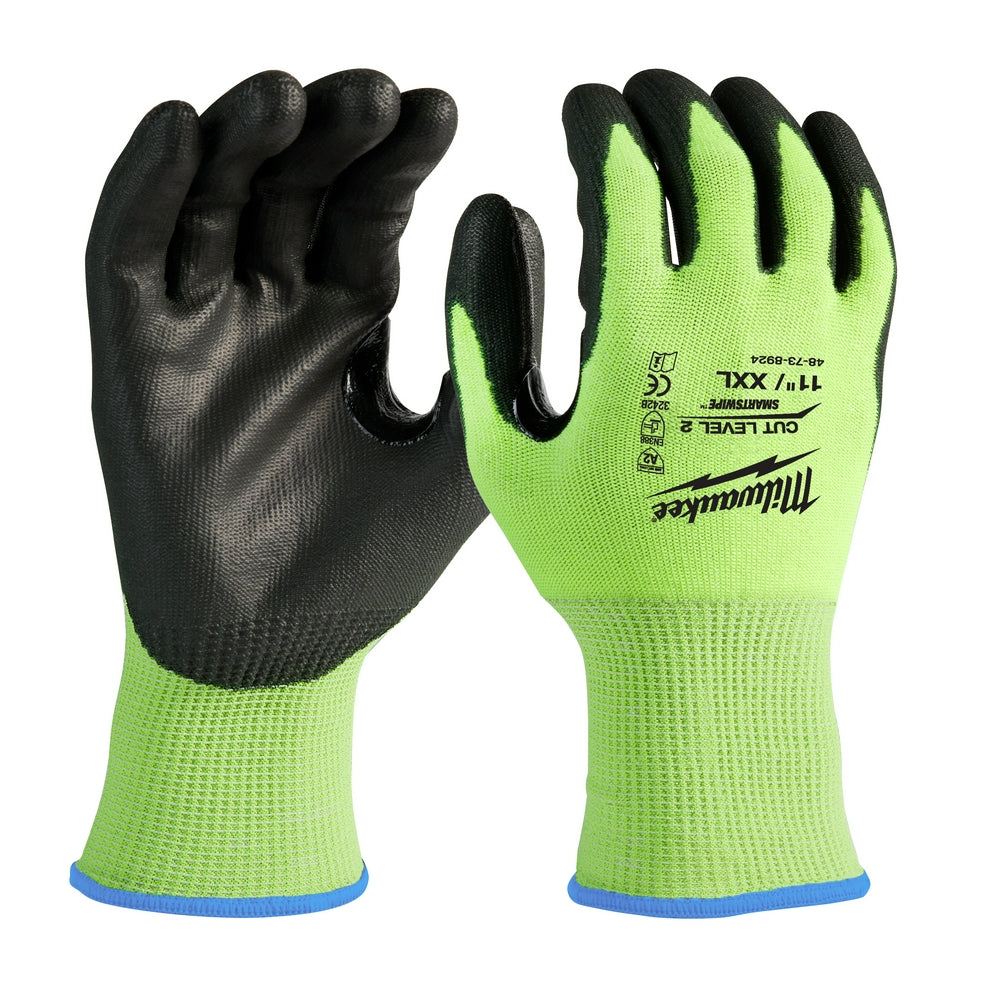 Pair of high-visibility neon yellow work gloves with black polyurethane dipped palms and blue cuff trim, shown front and back