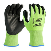 Pair of high-visibility neon yellow work gloves with black polyurethane dipped palms and blue cuff trim, shown front and back