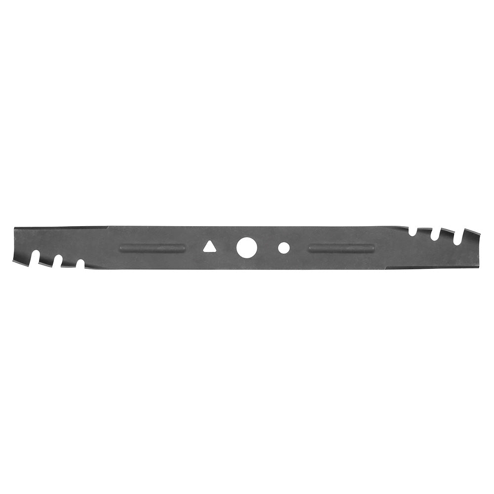 Dark gray metal mower blade with serrated edges and mounting holes.