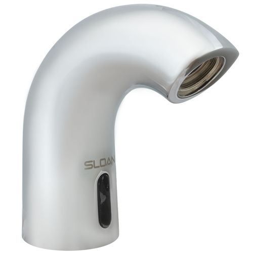 Polished chrome battery-powered bathroom faucet with curved spout and sensor panel on white background.