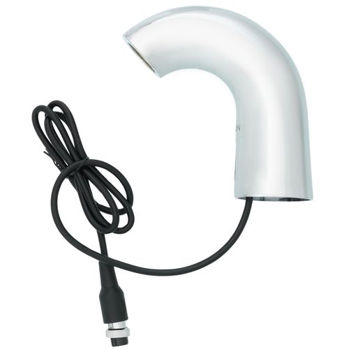 Polished chrome battery-powered bathroom faucet with curved spout and black power cord.
