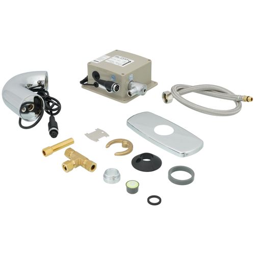 Sloan SF-2150 battery-powered faucet components including sensor, valve, trim plate, hose, and brass fittings.