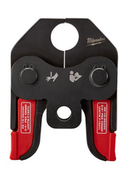 Black and red Milwaukee crimp jaw with circular opening at top, dual handles with adjustment knobs, and red inserts labeled f