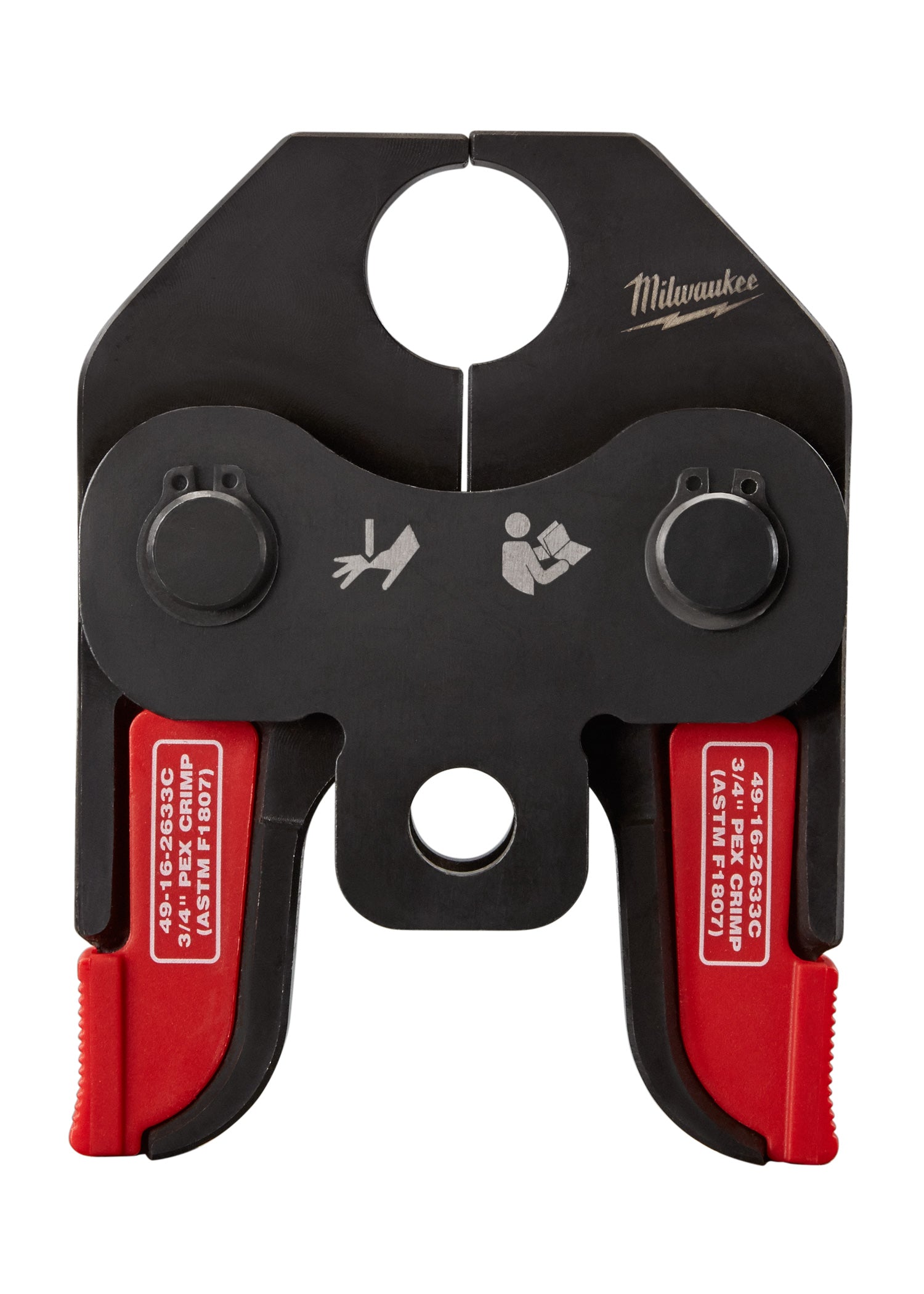 Black and red Milwaukee crimp jaw with circular opening at top, dual handles with adjustment knobs, and red inserts labeled f