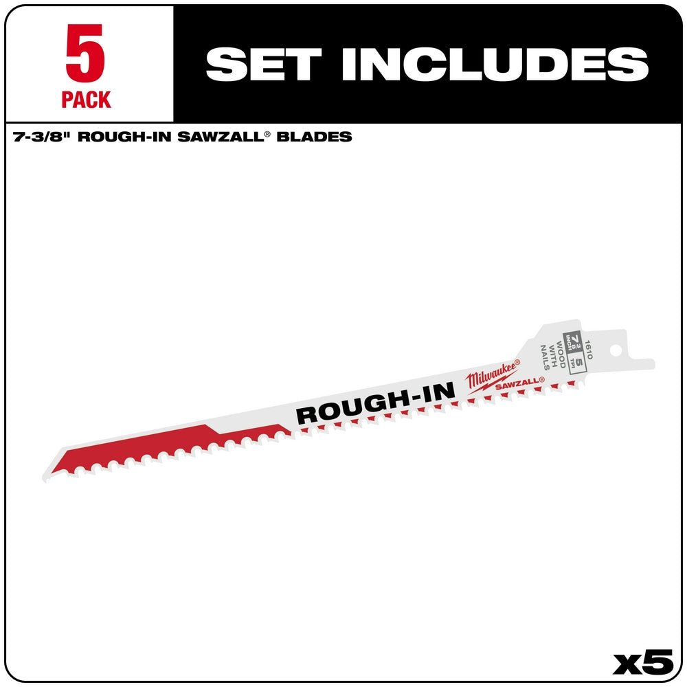 Five Milwaukee 7-3/8" rough-in SAWZALL blades with red and white coloring and serrated cutting edges.