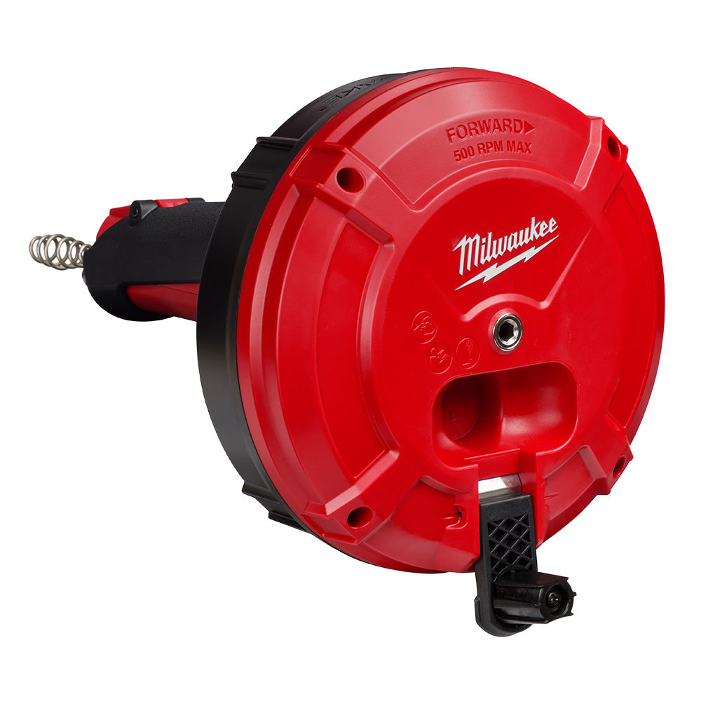 Red Milwaukee cable auger drum with black handle and coiled cable attachment, rated 500 RPM max.