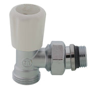 Caleffi thermostatic radiator valve with elbow connector, white adjustable head and chrome-finished body.