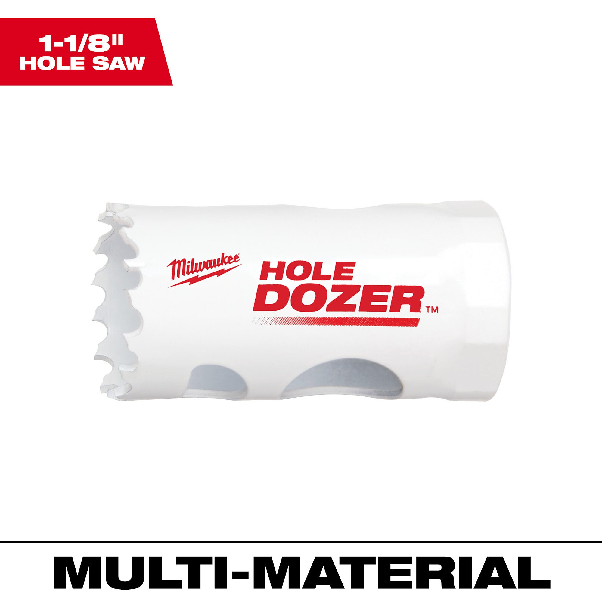 White cylindrical bi-metal hole saw with serrated edge and Milwaukee Hole Dozer branding.