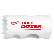 Milwaukee HOLE DOZER bi-metal hole saw with serrated cutting edge and center drill bit.