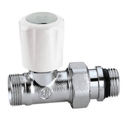 Caleffi chrome radiator valve with white thermostatic head and straight 1/2" x 3/4" connections.