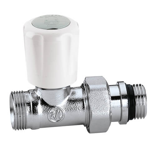 Caleffi chrome radiator valve with white thermostatic head and straight 1/2" x 3/4" connections.