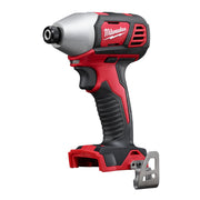 Milwaukee M18 cordless impact driver with red and black housing, 1/4 inch hex chuck, and battery base.