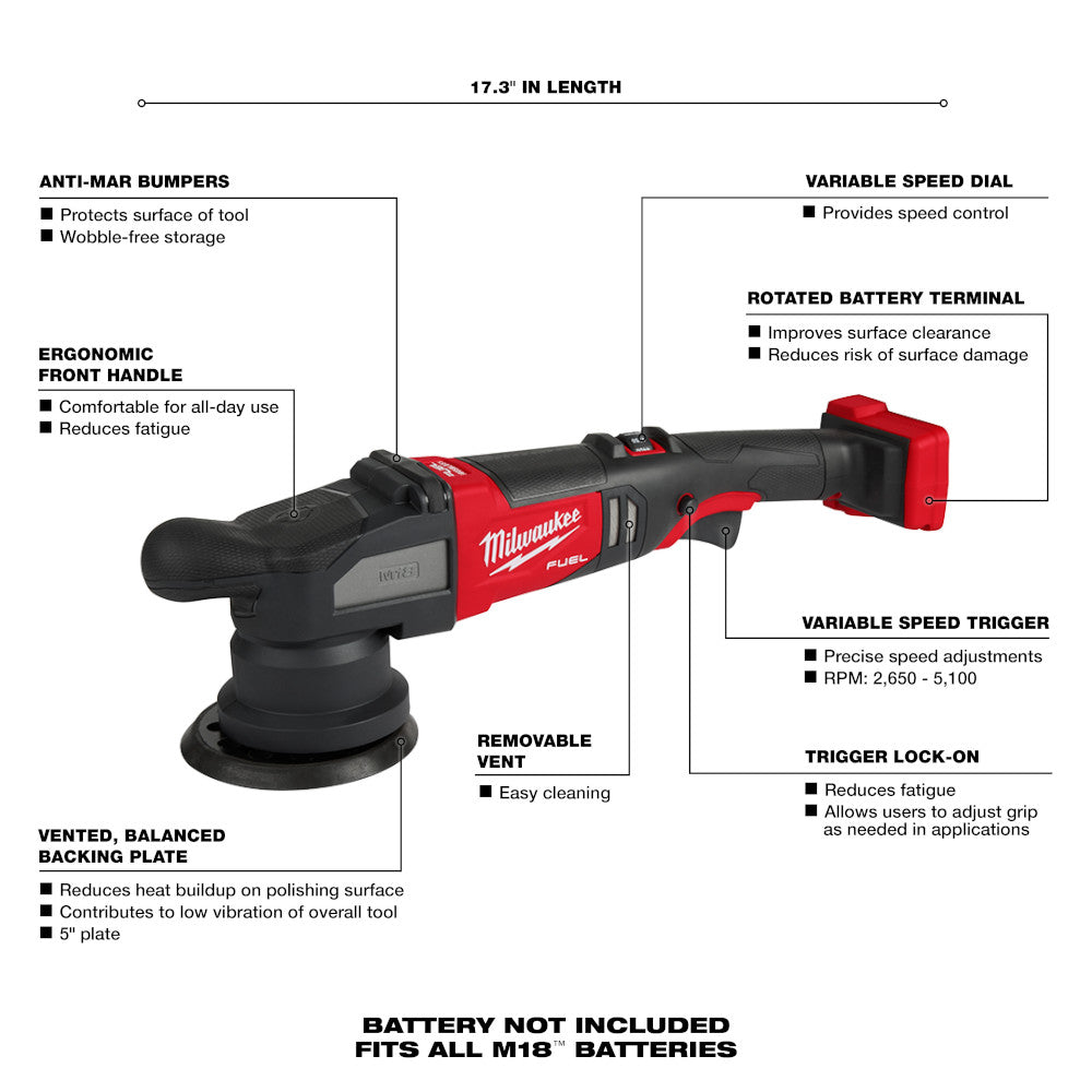 Red and black Milwaukee M18 FUEL random orbital polisher with 5" plate, variable speed dial, and ergonomic front handle.