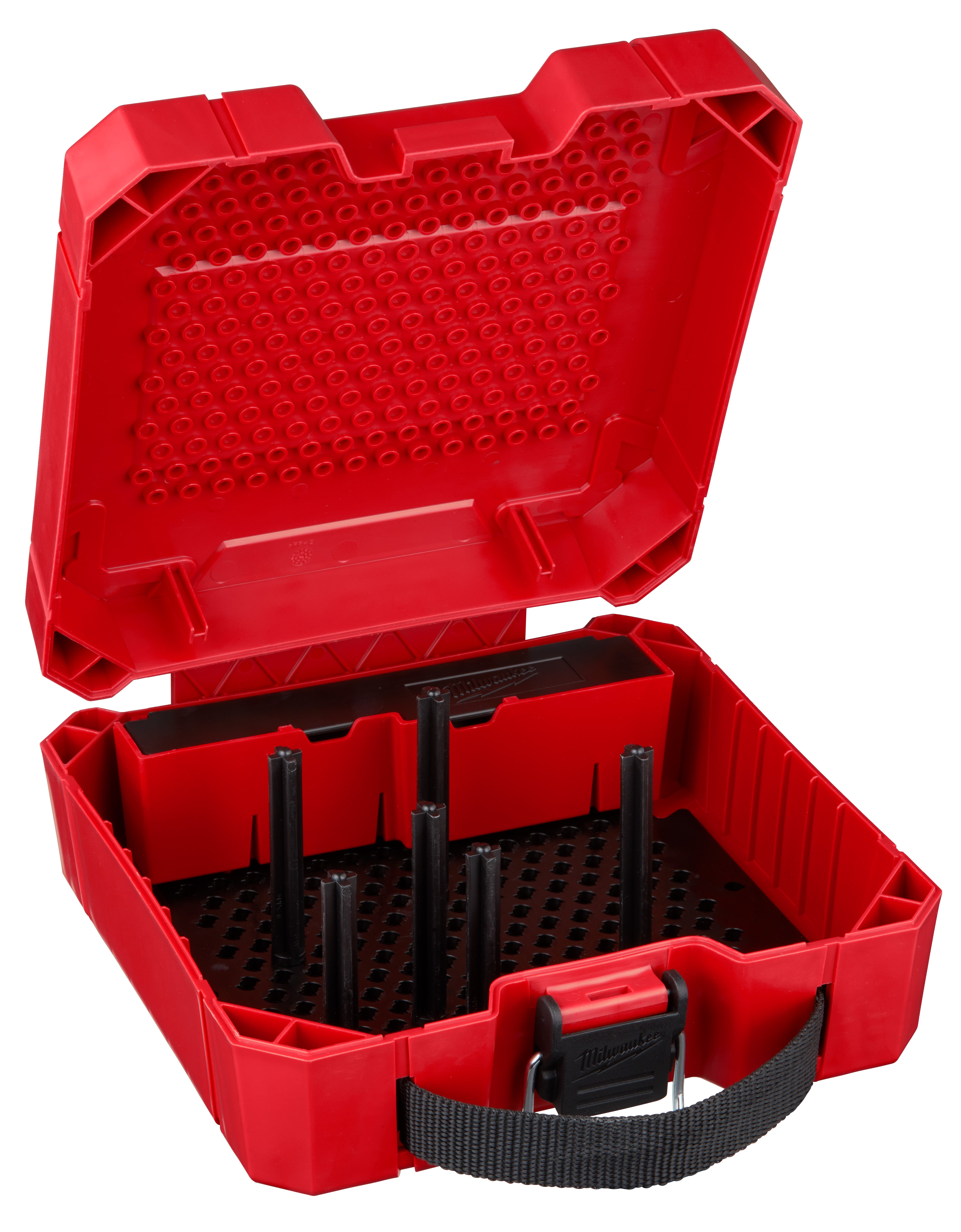 Red plastic case with black foam insert containing multiple black hole saw bits and dividers, gray carrying handle.