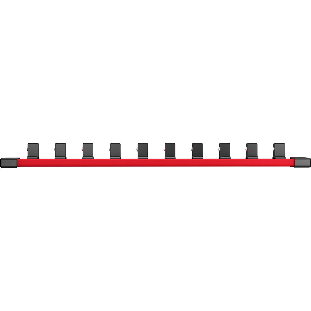 Red socket rail with black clips and gray end caps for organizing and storing 1/2" drive sockets.