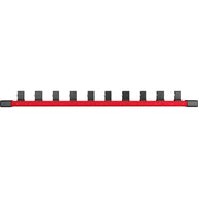 Red socket rail with black clips and gray end caps for organizing and storing 1/2" drive sockets.