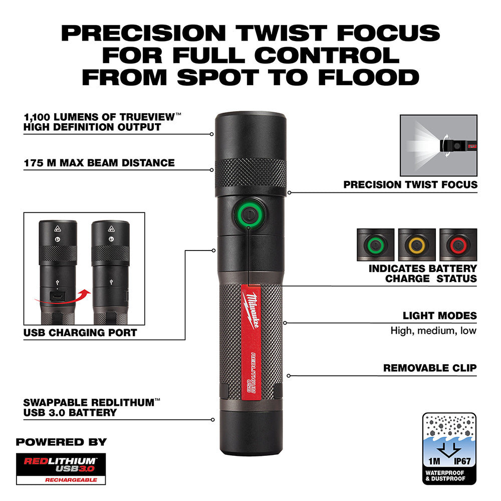 Black cylindrical flashlight with twist focus head, green power button, red Milwaukee branding band, USB charging port, and r