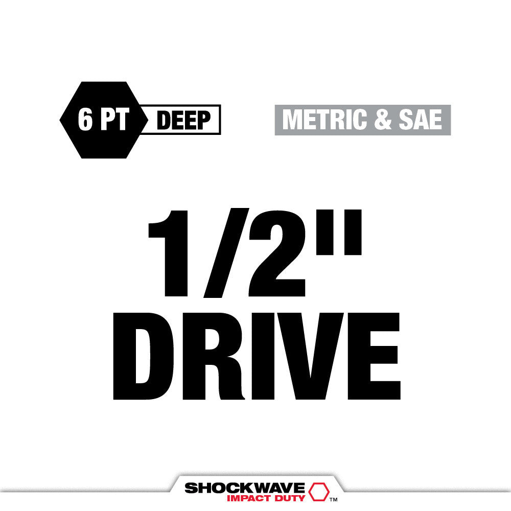 1/2" drive 6-point deep socket set labeled Shockwave Impact Duty with metric and SAE sizing.