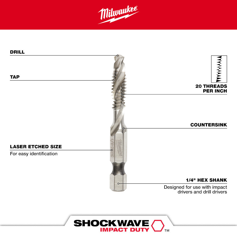 Silver Milwaukee Shockwave 1/4-20 SAE impact drill tap with fluted design, countersink, and 1/4-inch hex shank.