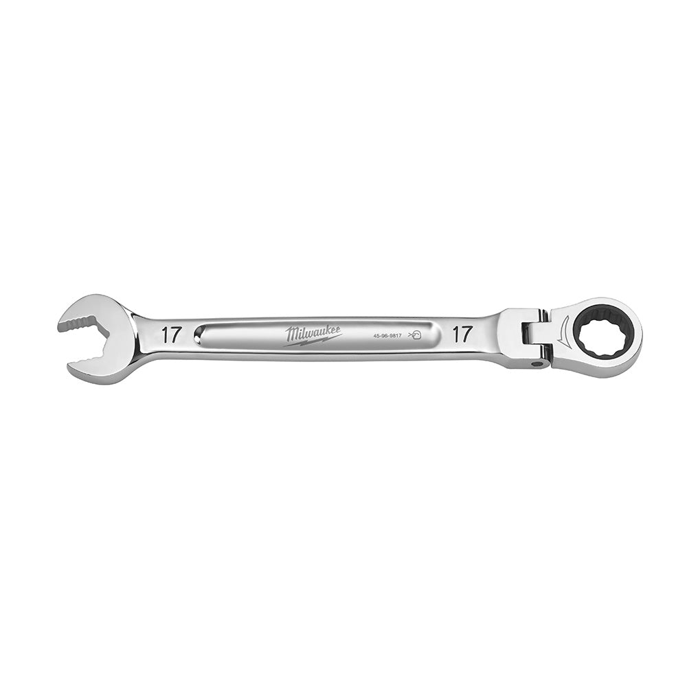 Silver 17mm combination wrench with open end on left, ratcheting box end on right, and flex joint in center.