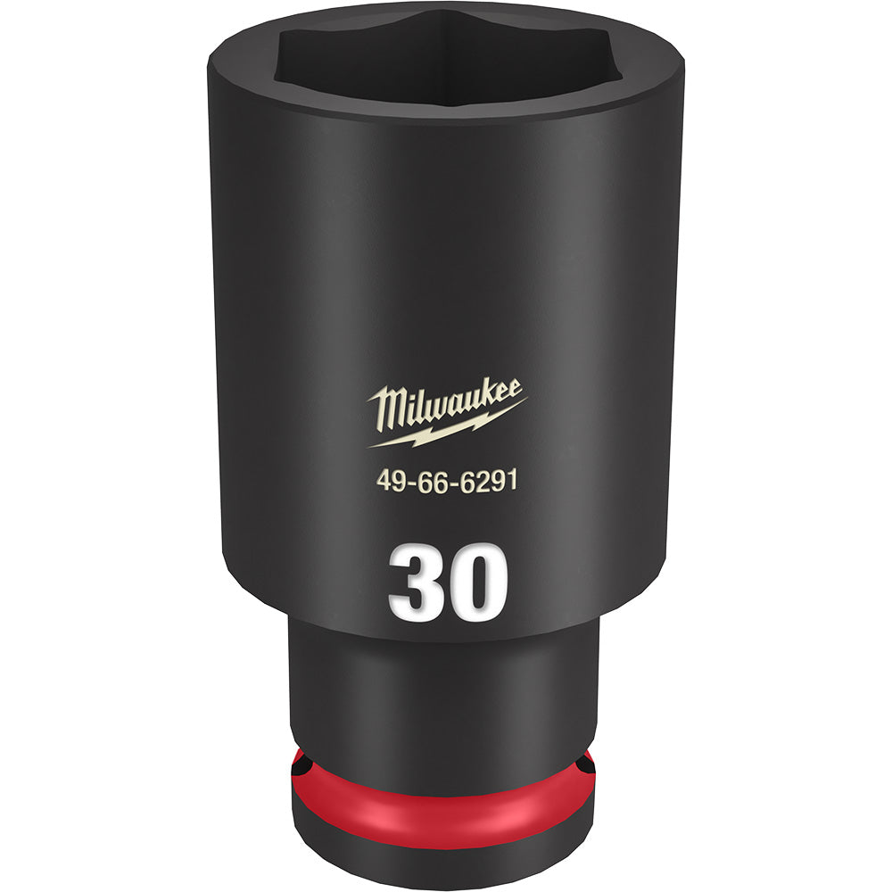 Black Milwaukee deep socket with 30MM marking, hexagonal opening, and red grip ring at base.