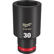 Black Milwaukee deep socket with 30MM marking, hexagonal opening, and red grip ring at base.