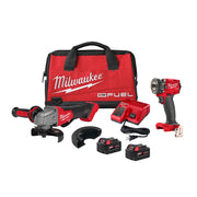 Milwaukee M18 FUEL combo kit with red carrying bag, angle grinder, impact driver, two batteries, dual charger, and accessorie