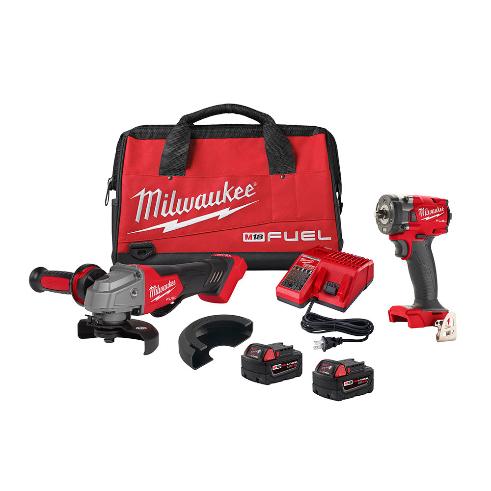 Milwaukee M18 FUEL combo kit with red carrying bag, angle grinder, impact driver, two batteries, dual charger, and accessorie
