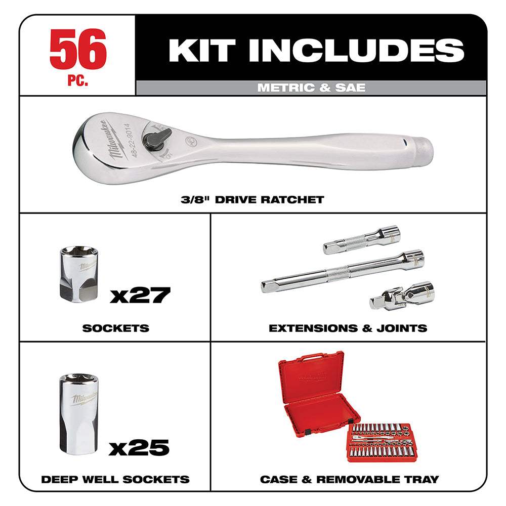 Milwaukee 3/8" drive ratchet with 27 sockets, 25 deep well sockets, extensions, joints, and red storage case.