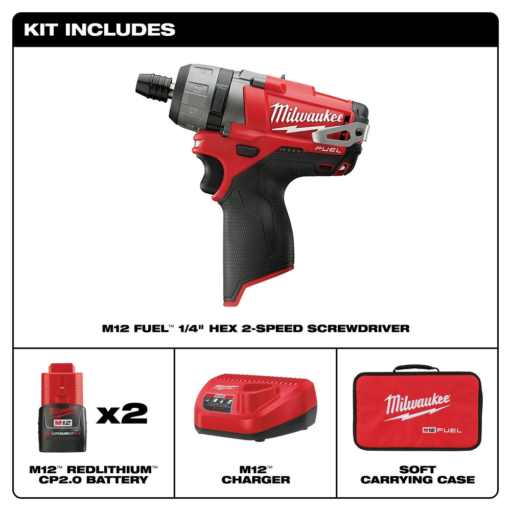 Red and black Milwaukee M12 FUEL cordless screwdriver with two batteries, charger, and carrying case included.