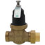 Brass water pressure reducing valve with black adjustment handle and inlet/outlet ports.
