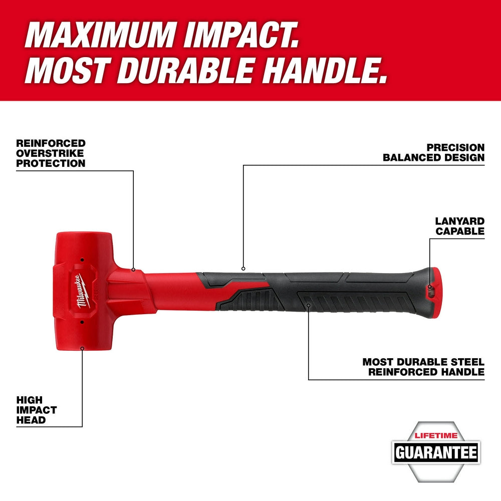 Milwaukee dead blow hammer with red head, black grip handle, and steel reinforced shaft shown from side view.