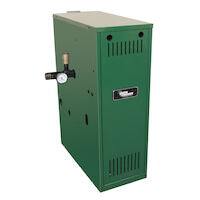 Green rectangular hot water boiler with control panel and side valve connection.