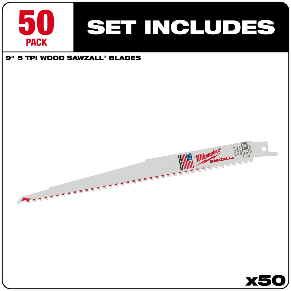 Milwaukee SAWZALL 9 inch reciprocating saw blade with 5 teeth per inch, displayed against white background with 50-pack label