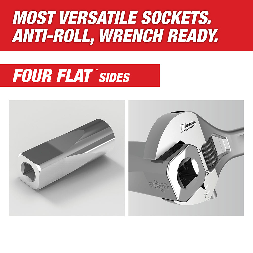 Milwaukee 3/8 in. drive metric socket with four flat sides and hexagonal opening.