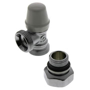 Brass elbow lockshield valve with gray cap and detached fitting connector showing male threads on both ends.