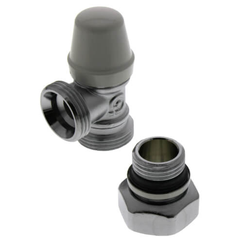 Brass elbow lockshield valve with gray cap and detached fitting connector showing male threads on both ends.