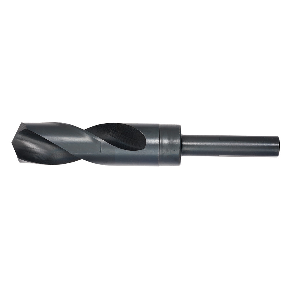 Black oxide drill bit with spiral flutes and cylindrical shank, 1 inch diameter.